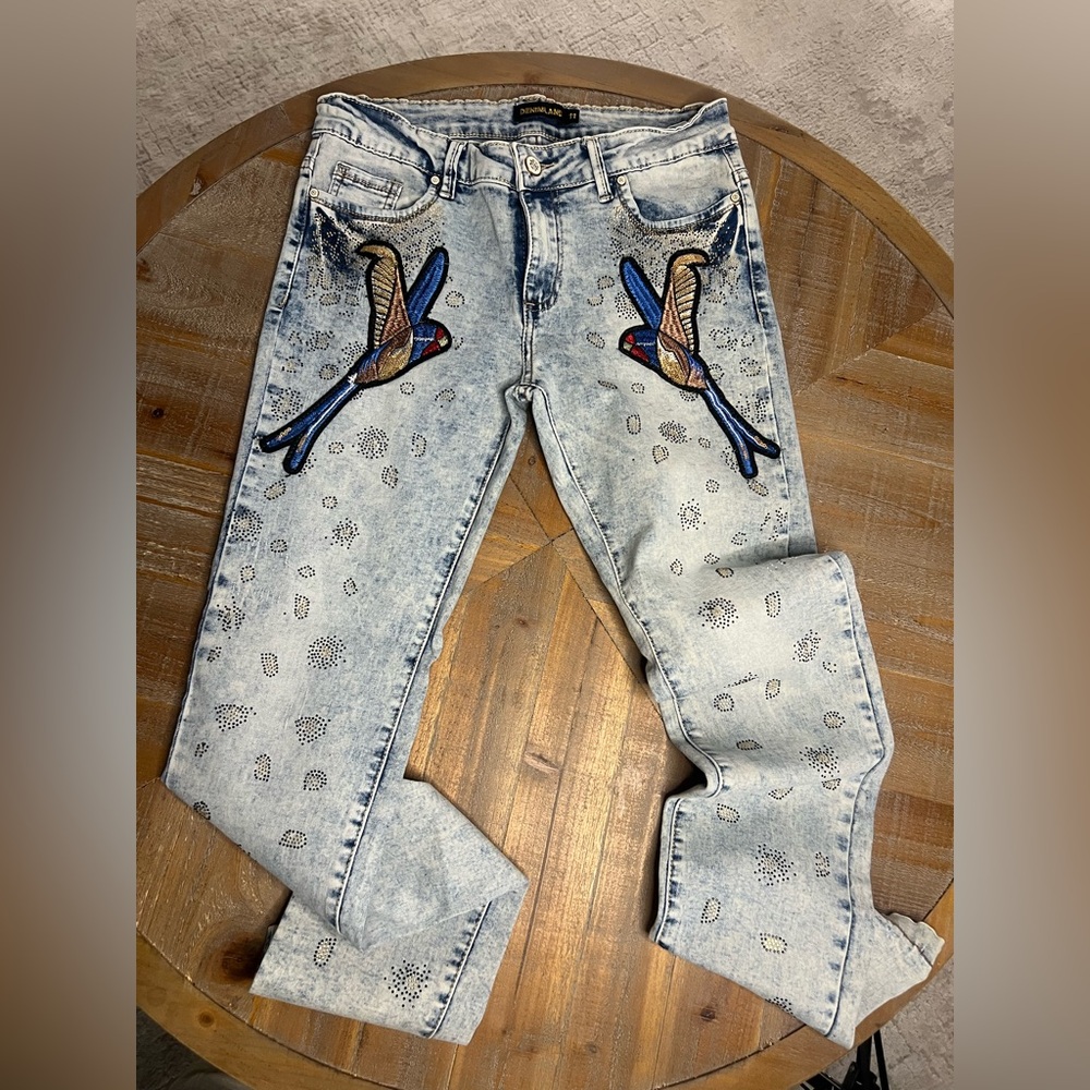 Unique Embroidered Bird & Rhinestone Denim Jeans